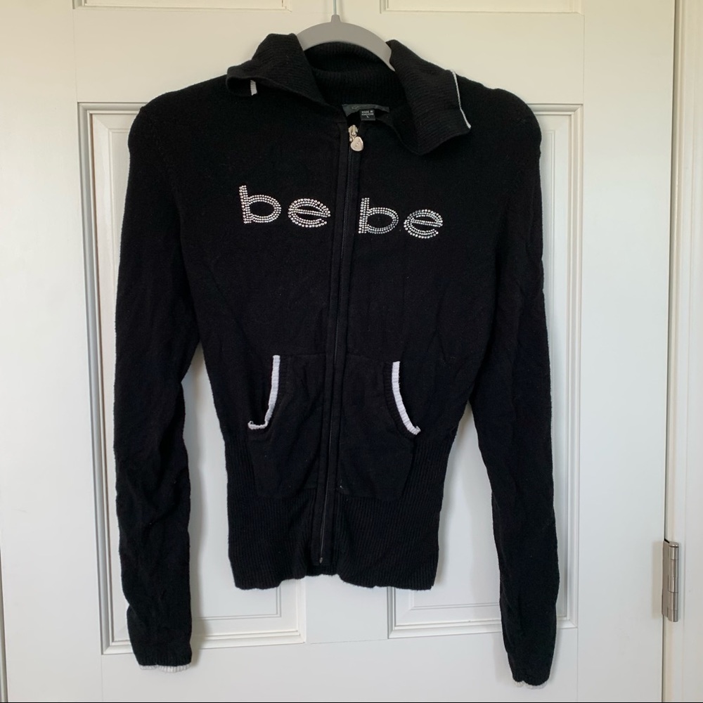 Bebe Women’s Rhinestone Logo Sweater Black White Size L